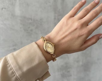 Reloj francés retro dorado, esfera pequeña, pulsera con números romanos + caja de regalo.