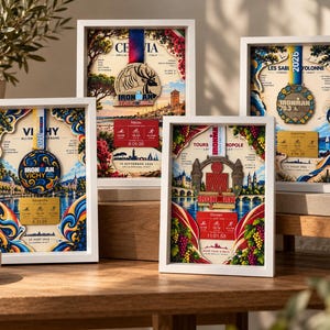 Pode incluir: Quatro molduras retangulares brancas tipo caixa com medalhas de corridas Ironman e dados personalizados do evento. Cada expositor apresenta um fundo ilustrado colorido, uma medalha pendurada e uma placa com nomes e tempos.