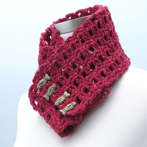 Hand crochet scarf in red merino wool silk cashmere
