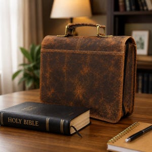 May include: A rectangular brown leather-like carrying case with a distressed texture and a top handle with brass-colored hardware. The case features visible stitching along the edges and a zipper closure, positioned next to a black Holy Bible book.
