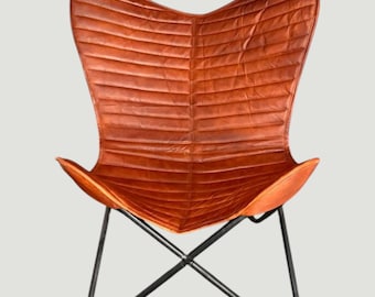 Brown Leather Butterfly Chair, Vintage Style Lounge Chair, Handmade Leather Accent Chair, Modern Boho Seating, Living Room Decor Chair