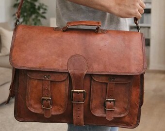Vintage Leather Messenger Bag for Men – Handmade Laptop Briefcase, Rustic Satchel with Buckles, Office Work Bag, Gift for Him