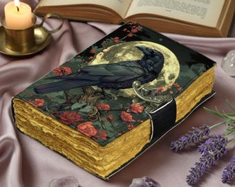 Raven Moon Leather Journal – Handmade Gothic Deckle Edge Notebook | Vintage Crow Diary | Dark Academia Writing Journal Gift
