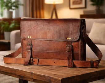 Brown Leather Messenger Bag, Handmade Leather Satchel, Vintage Laptop Bag, Crossbody Briefcase for Men Women, Office Work Bag Gift
