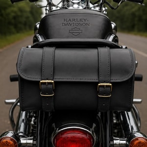 May include: A black leather motorcycle saddlebag mounted on the rear of a Harley-Davidson motorcycle. The bag features two vertical straps with brass-toned metal buckles. The motorcycle seat above the bag is embossed with the Harley-Davidson logo.