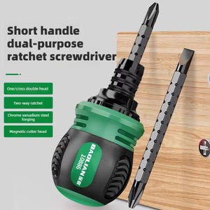 May include: A short-handled, dual-purpose ratchet screwdriver with a green and black handle. The screwdriver has a cross-head bit installed and a separate flathead bit. The text "BAOLIAN 10886" is visible on the handle. Features include a two-way ratchet and magnetic cutter head.