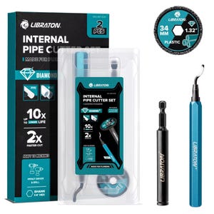 May include: An internal pipe cutter set with a diamond blade, designed for plumbing. The set includes a cutter, a hex shank, and a cutting wheel. The packaging features the brand name "LIBRATON" and product details, including "10x longer life" and "2x faster cut."