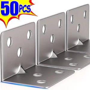 May include: Three stainless steel right-angle brackets with multiple circular holes for screws. The brackets are arranged in a row, with the text "50 PCS" in the upper left corner.