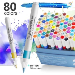 May include: A collection of 80 acrylic paint markers in various colours. The white markers have coloured tips and are labelled "Acrylic Paint Marker". The image also shows the text "SOFT PEN TIP----1-4mm".