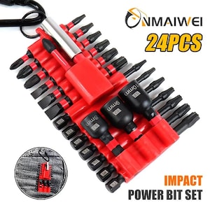 Könnte beinhalten: Ein rotes und schwarzes Impact-Power-Bit-Set mit 24 Teilen. Das Set enthält verschiedene Größen von Schraubendreherbits, wobei die Größen 8 mm, 9 mm und 10 mm sichtbar sind. Das Set wird von einem roten Halter zusammengehalten und enthält einen Karabinerhaken.