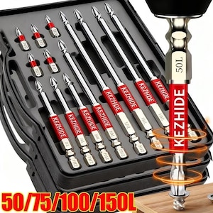 Op de afbeelding: Een set zilveren en rode schroevendraaierbits in een zwarte koffer. De bits zijn gelabeld met de merknaam "KEZHIDE" en verschillende maten. De tekst "50/75/100/150L" wordt onderaan de afbeelding weergegeven.