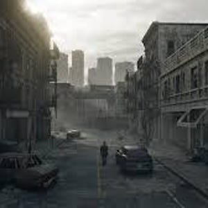 Puede incluir: Una escena de calle desolada de la ciudad con edificios envejecidos y veh&iacute;culos abandonados. Una persona camina por el centro de la carretera. Los edificios son de varios pisos con ventanas y letreros visibles. El cielo est&aacute; nublado.