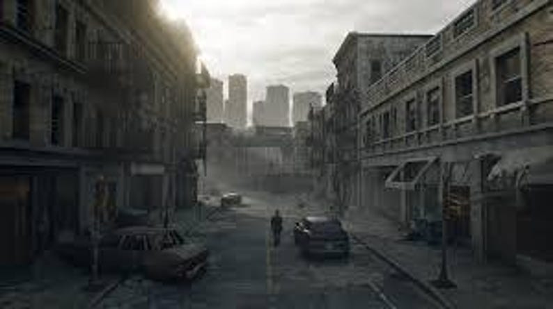 Puede incluir: Una escena de calle desolada de la ciudad con edificios envejecidos y veh&iacute;culos abandonados. Una persona camina por el centro de la carretera. Los edificios son de varios pisos con ventanas y letreros visibles. El cielo est&aacute; nublado.