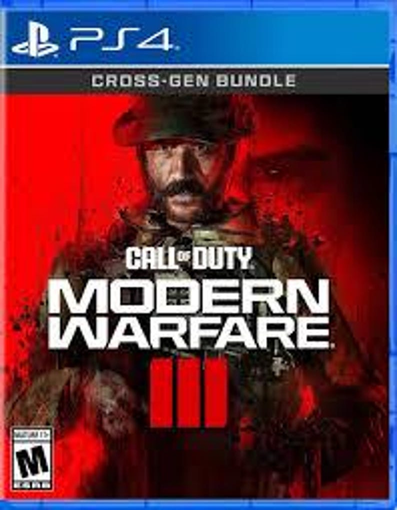 K&ouml;nnte beinhalten: PS4-Videospielh&uuml;lle f&uuml;r "Call of Duty: Modern Warfare III". Das Cover zeigt einen Soldaten in Milit&auml;runiform vor rotem Hintergrund. Der Spieletitel ist wei&szlig;, mit dem "M"-Rating-Logo unten links.