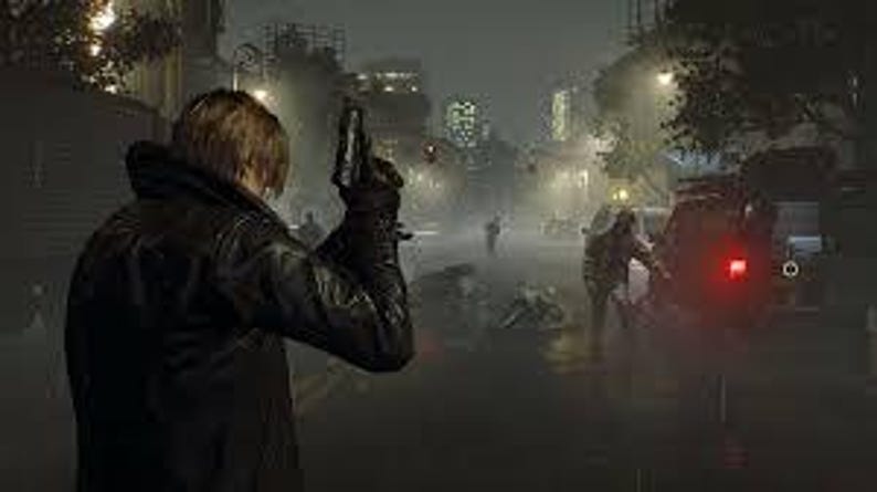 Puede incluir: Una escena de un videojuego ambientada en un entorno urbano y brumoso. Una persona con una chaqueta de cuero negra y guantes sostiene un arma. Otras figuras son visibles en el fondo, junto con veh&iacute;culos y luces de la ciudad.