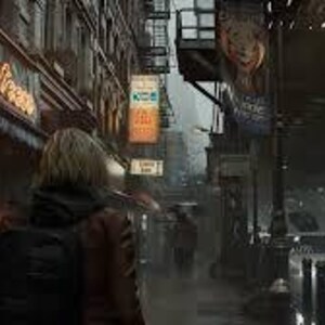 Puede incluir: Una persona con pelo rubio corto y una mochila camina por una calle de la ciudad. La calle est&aacute; bordeada de edificios, algunos con letreros iluminados. La escena es nublada, con una sensaci&oacute;n de exploraci&oacute;n urbana.