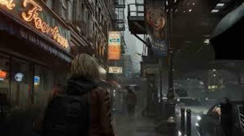 Puede incluir: Una persona con pelo rubio corto y una mochila camina por una calle de la ciudad. La calle est&aacute; bordeada de edificios, algunos con letreros iluminados. La escena es nublada, con una sensaci&oacute;n de exploraci&oacute;n urbana.