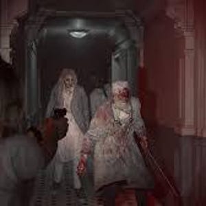 Puede incluir: Una escena oscura de un pasillo de un videojuego, con una persona sosteniendo un arma, apuntando a varias figuras parecidas a zombis. Los zombis visten ropa hecha jirones y tienen sangre en la cara y la ropa. La escena es oscura y ominosa.