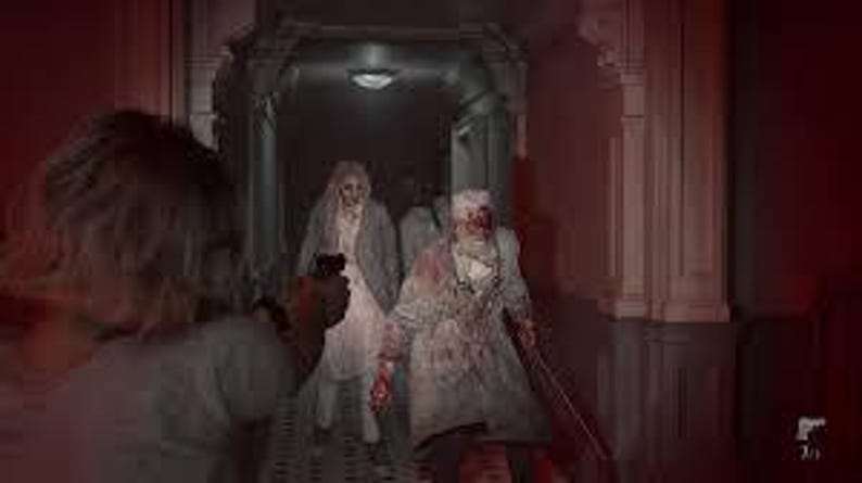 Puede incluir: Una escena oscura de un pasillo de un videojuego, con una persona sosteniendo un arma, apuntando a varias figuras parecidas a zombis. Los zombis visten ropa hecha jirones y tienen sangre en la cara y la ropa. La escena es oscura y ominosa.