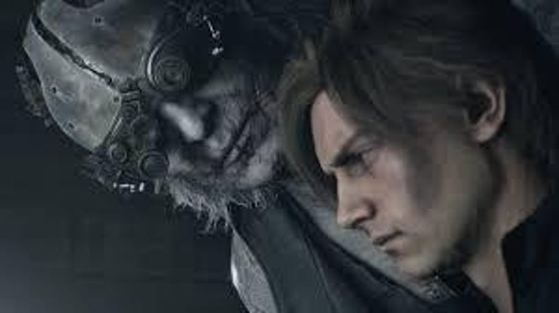 Puede incluir: Una imagen digital de dos personajes de un videojuego. Uno es un joven con cabello casta&ntilde;o, mirando hacia abajo. El otro es un monstruo con una m&aacute;scara met&aacute;lica y una expresi&oacute;n siniestra.