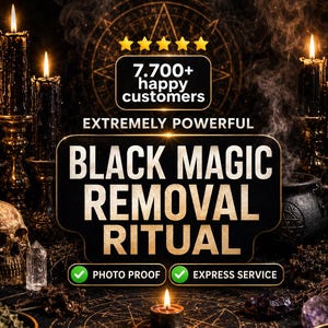以下が含まれることがあります： 暗く神秘的なテーマの画像で、ろうそく、骸骨、そして「Black Magic Removal Ritual」のテキストが特徴です。画像には「7,700+ happy customers」、「Photo Proof」、「Express Service」のテキストも含まれています。