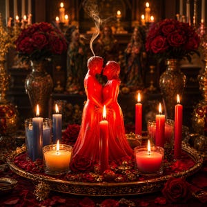 May include: A romantic scene featuring a red candle shaped like two figures embracing, with smoke rising from the top. Surrounding the central candle are several lit red and blue candles, roses, and a decorative tray, creating a warm, intimate ambiance.
