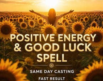 May include: A field of sunflowers bathed in golden sunlight with the text "POSITIVE ENERGY & GOOD LUCK SPELL". A person stands with arms outstretched. Additional text reads "SAME DAY CASTING" and "FAST RESULT".