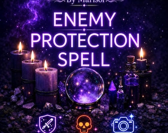 May include: An advertisement for an Enemy Protection Spell. The image features a glowing purple design with the text "ENEMY PROTECTION SPELL" and the name "By Marisol". The image includes candles, a crystal ball, and icons for block, protect, and photo proof.
