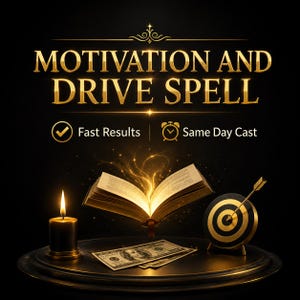May include: A digital illustration with the text "MOTIVATION AND DRIVE SPELL" in gold. The image includes a lit candle, an open book with glowing pages, a target with an arrow, and two $100 bills. The text "Fast Results" and "Same Day Cast" are also present.