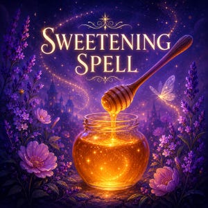 May include: An illustration of a jar of honey with a wooden honey dipper, with the text "Sweetening Spell". The image has a magical theme, with purple flowers, a butterfly, and a castle in the background. The honey glows.