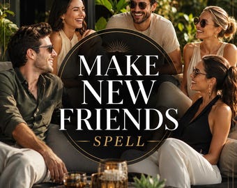May include: Image features a group of six people, all wearing sunglasses, smiling and laughing. The text "MAKE NEW FRIENDS SPELL" is displayed in a circular design. The setting appears to be an outdoor lounge area with a table and plants.