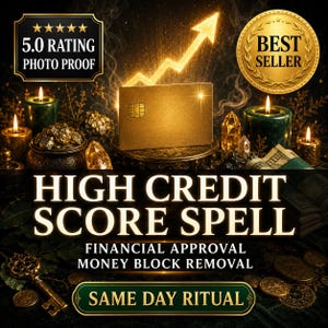 Könnte beinhalten: Werbung für einen Finanzdienstleister mit einer goldenen Kreditkarte und einem Pfeil nach oben. Das Bild zeigt Kerzen und den Text "HIGH CREDIT SCORE SPELL", "FINANCIAL APPROVAL" und "MONEY BLOCK REMOVAL".