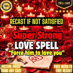May include: A small glass bottle with a cork stopper sits next to a piece of parchment featuring a hand-drawn red heart with a star inside. The scene is surrounded by red roses and lit candles with text reading Super Strong LOVE SPELL.