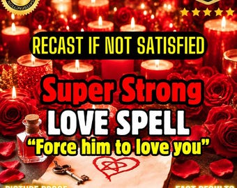 May include: A small glass bottle with a cork stopper sits next to a piece of parchment featuring a hand-drawn red heart with a star inside. The scene is surrounded by red roses and lit candles with text reading Super Strong LOVE SPELL.