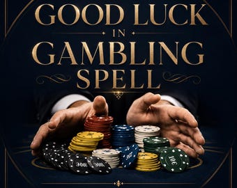 Könnte beinhalten: Dunkelblaues Bild mit goldenem Text "GOOD LUCK IN GAMBLING SPELL". Hände umgeben Stapel von Pokerchips in verschiedenen Farben, darunter Rot, Gelb, Blau, Weiß und Grün. Der Text "SAME DAY • FREE RECAST" befindet sich unten.