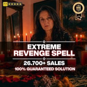 May include: An image featuring a woman with long dark hair, surrounded by lit candles. The text "EXTREME REVENGE SPELL" is prominently displayed, along with "26.700+ SALES" and "100% GUARANTEED SOLUTION". A "Best Seller" badge is visible.