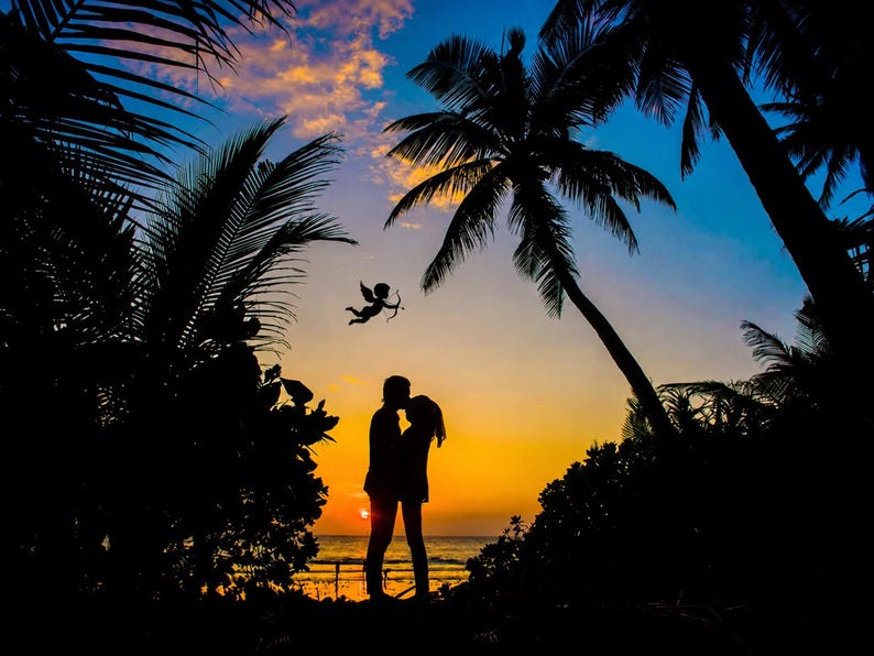 May include: Silhouette of a couple kissing at sunset on a beach. Palm trees frame the scene, with a vibrant orange and yellow sky. A small silhouette of Cupid with a bow and arrow is in the sky. The ocean is visible in the background.