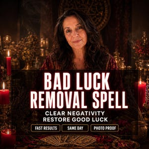 以下が含まれることがあります： 暗い背景の前に、長い黒髪の女性がいます。「BAD LUCK REMOVAL SPELL」というテキストが目立つように表示されています。追加のテキストには、「CLEAR NEGATIVITY、RESTORE GOOD LUCK、FAST RESULTS、SAME DAY、PHOTO PROOF」が含まれています。