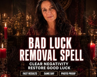 May include: An image featuring a woman with long dark hair, in front of a dark background. The text "BAD LUCK REMOVAL SPELL" is displayed prominently. Additional text includes "CLEAR NEGATIVITY, RESTORE GOOD LUCK, FAST RESULTS, SAME DAY, PHOTO PROOF."