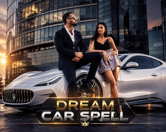 May include: A silver sports car with a prominent front grille and sleek design. A man and a woman are leaning against the car. The text "DREAM CAR SPELL" is displayed in gold lettering on a black banner.