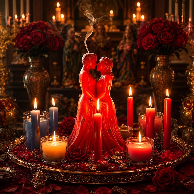K&ouml;nnte beinhalten: Eine romantische Szene mit einer roten Kerze in Form von zwei sich umarmenden Figuren, aus deren Spitze Rauch aufsteigt. Mehrere brennende rote und blaue Kerzen, Rosen und ein dekoratives Tablett umgeben die zentrale Kerze und schaffen ein warmes, intimes Ambiente.