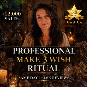Op de afbeelding: Een afbeelding met een vrouw met donker haar en de tekst "PROFESSIONAL MAKE 3 WISH RITUAL". De afbeelding bevat ook de tekst "+12.000 SALES" en "5.0 RATING". Op de achtergrond zijn kaarsen en potten te zien.