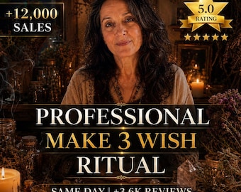 May include: An image featuring a woman with long dark hair, with text that reads "PROFESSIONAL MAKE 3 WISH RITUAL". The image also includes the text "+12,000 SALES" and "5.0 RATING". The background includes candles and jars.
