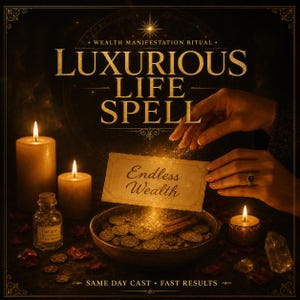 May include: A mystical image with candles, coins, and a small bottle labelled "Fortune." The text reads "Luxurious Life Spell" and "Endless Wealth." The image suggests a wealth manifestation ritual, with a dark, atmospheric theme.