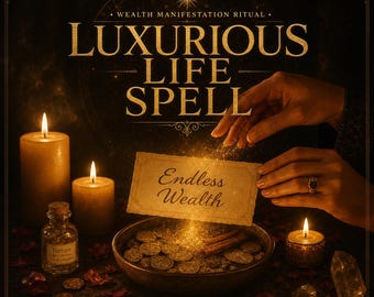 Könnte beinhalten: Ein Bild mit einem dunklen, mystischen Thema, das Kerzen, Münzen und eine kleine Flasche mit der Aufschrift "Fortune" zeigt. Der Text lautet "Luxurious Life Spell" und "Endless Wealth". Das Bild deutet auf ein Ritual zur Manifestation von Reichtum hin.