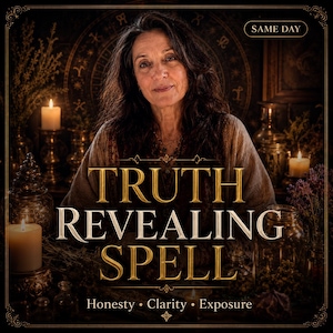 Op de afbeelding: Een afbeelding met een vrouw met donker haar, gecentreerd in een mystieke setting. De tekst "TRUTH REVEALING SPELL" staat prominent in beeld, met de woorden "Honesty, Clarity, Exposure" eronder. De achtergrond bevat kaarsen en potten.