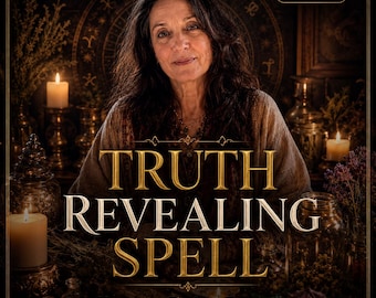 May include: A woman with dark hair is the central figure in this image, set against a backdrop of candles and jars. The text reads "TRUTH REVEALING SPELL", with "Honesty, Clarity, Exposure" below. The overall theme suggests a mystical or spiritual service.