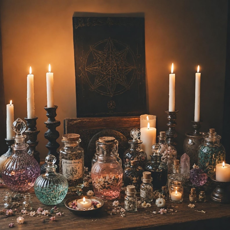 K&ouml;nnte beinhalten: Eine mystische Anordnung mit brennenden Kerzen, Glasflaschen und Gl&auml;sern, gef&uuml;llt mit getrockneten Blumen und Kr&auml;utern. Im Hintergrund ein dunkles Buch mit einem Sternmuster. Die Szene wird durch Kerzenlicht beleuchtet.