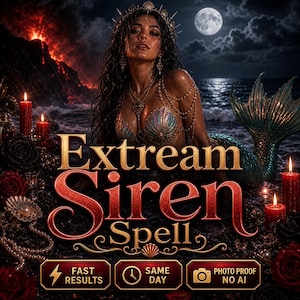 May include: A digital art image featuring a mermaid with long dark hair, wearing a seashell bra and a crown, against a backdrop of a moonlit ocean and volcanic landscape. The text "Extream Siren Spell" is prominently displayed.