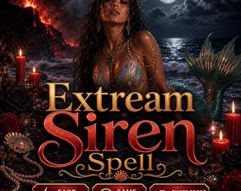 Könnte beinhalten: Digitales Kunstwerk einer Meerjungfrau mit langen dunklen Haaren, die einen Muschel-BH und eine Krone trägt, vor dem Hintergrund eines mondbeschienenen Ozeans und einer Vulkanlandschaft. Der Text "Extream Siren Spell" ist prominent dargestellt.